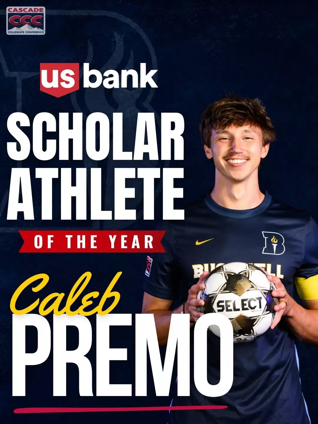 Bushnell University soccer player Caleb Premo holding a soccer ball after being named US Bank Scholar-Athlete of the Year by the Cascade Collegiate Conference.